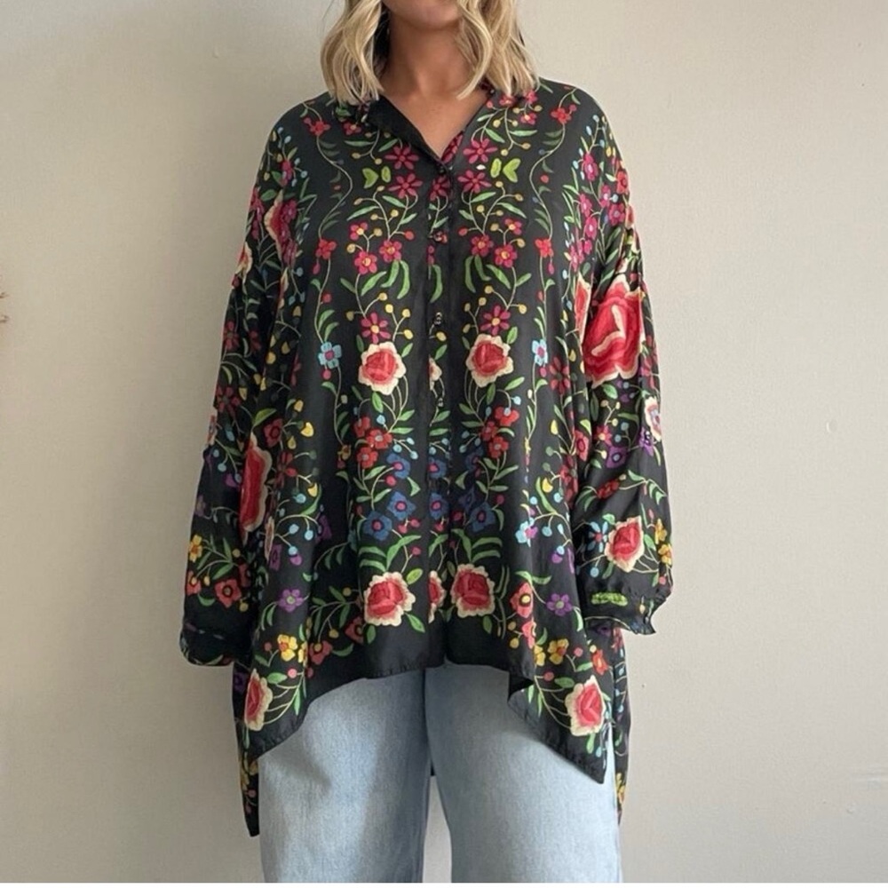Johnny Was 100%silk "Emby" black floral top